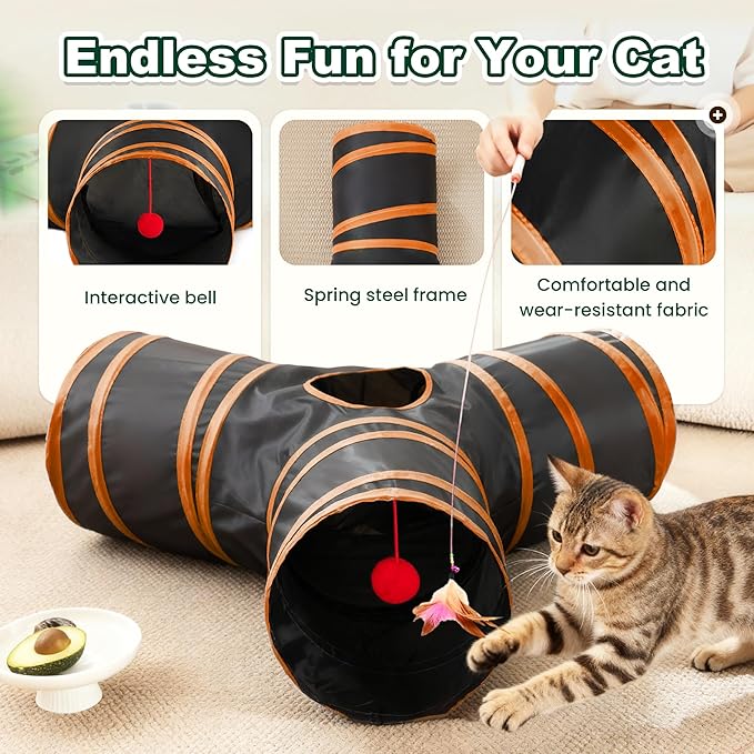 Love's cabin Cat Tunnels for Indoor Cats, Cat Tube Toys 3 Way Collapsible, Pet Play Tunnel with Peek Hole Toy Ball for Kitty, Kitten, Rabbit, Black&Orange, Small Size (23.6"X13"X11")