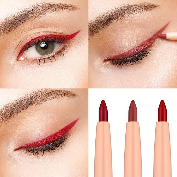 Oulac Waterproof Eyeliner Pencil Set - Smooth and Creamy, Retractable Eye Makeup for Precision Application, Vegan & Cruelty-Free, 07 Cherry+LL06 Mulled Wine+LL08 Ruby