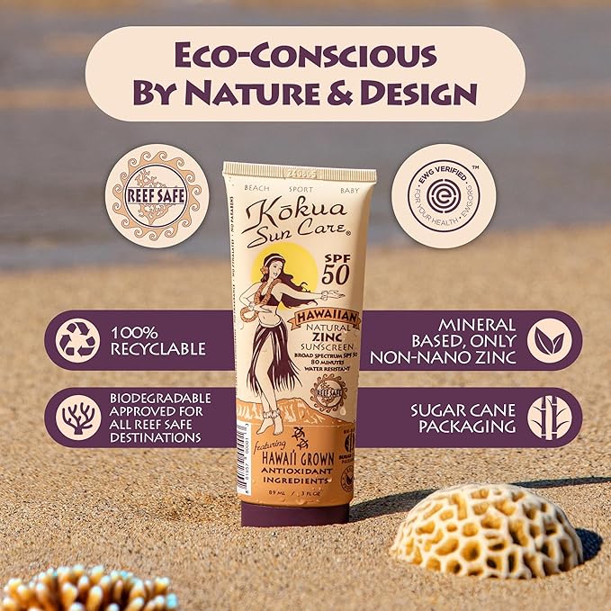 Kokua Sun Care Hawaiian Sunscreen Reef Safe SPF 50 | 3 oz | Zinc Oxide | Mineral Sunscreen | Face & Body | Moisturizing Sun Protection | Water Resistant | Chemical Free | Natural Ingredients