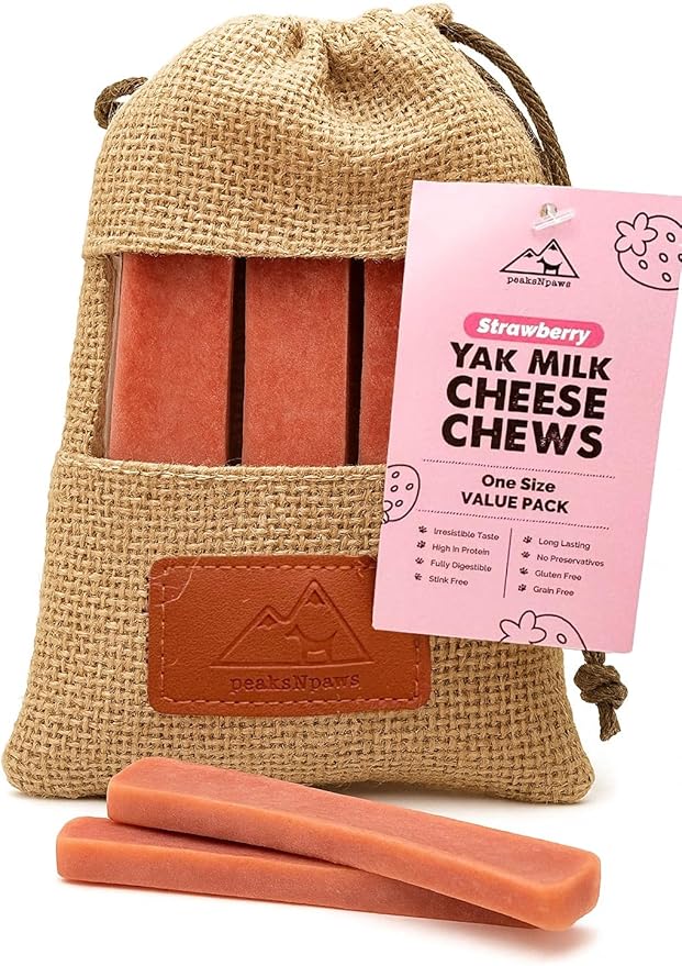 peaksNpaws Yak Cheese Himalayan Dog Chews with Strawberry, High Protein, Natural Dog Treats, Dog Chew Sticks for Aggressive Chewers, Long Lasting Treat for Small, Medium & Large Dogs, 3 Chews