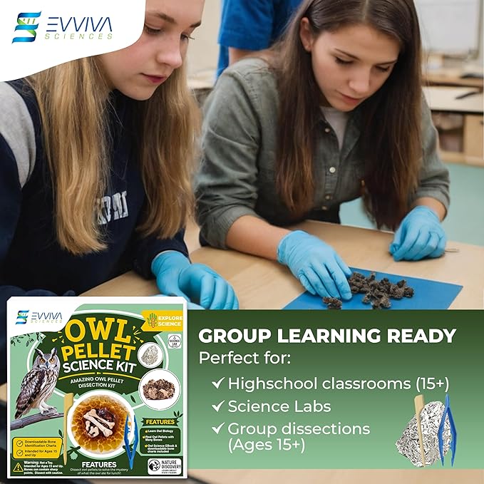 ES EVVIVA SCIENCES Owl Pellet Kit - Dissect 30 Mostly Small Real Owl Pellets w/Tools & PDF Bone Charts - Science Education Kit for Ages 15+ - Hands-On Animal Biology Science Lab Activity