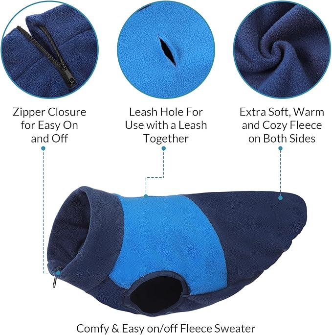 Queenmore Dog Fleece Sweater, Dog Sweater for Large Size Dog, Fleece Dog Vest Jacket, Pet Sweatshirt Winter Clothes for Dogs Boy Or Girl Large Medium Small Size Navy/Blue,2XL