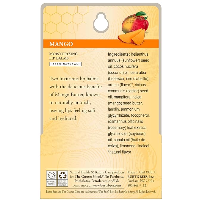 Burt's Bees Lip Balm - Mango, Lip Moisturizer With Responsibly Sourced Beeswax, Tint-Free, Natural Origin Conditioning Treatment, 2 Tubes, 0.15 oz. (Pack of 2)