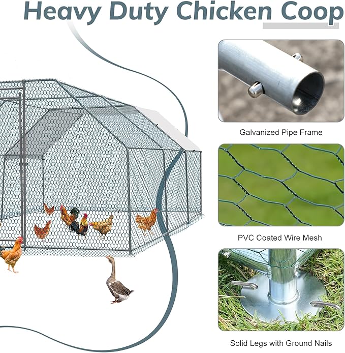 VINGLI Chicken Coop, 19.7 * 9.8 * 6.5 ft Large Metal Poultry Cage for Chicken Run, Walk-in Chicken Pen with Waterproof & Anti-UV Cover for Yard Outdoor (Silver-Flat Roof)