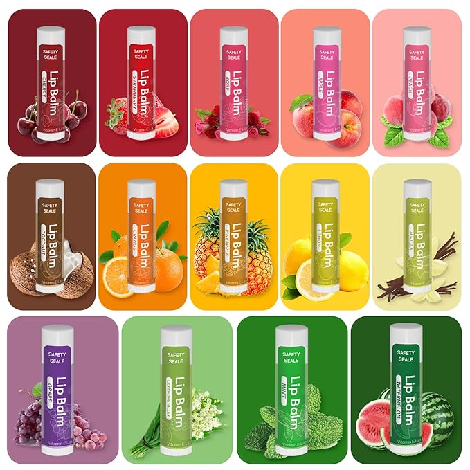 98 Pack Natural Lip Balm Bulk with Vitamin E and Coconut Oil - Moisturizing, Soothing, and Repairing Dry and Chapped Lips - 14 Flavors - Non-GMO, Valentine's Gifts