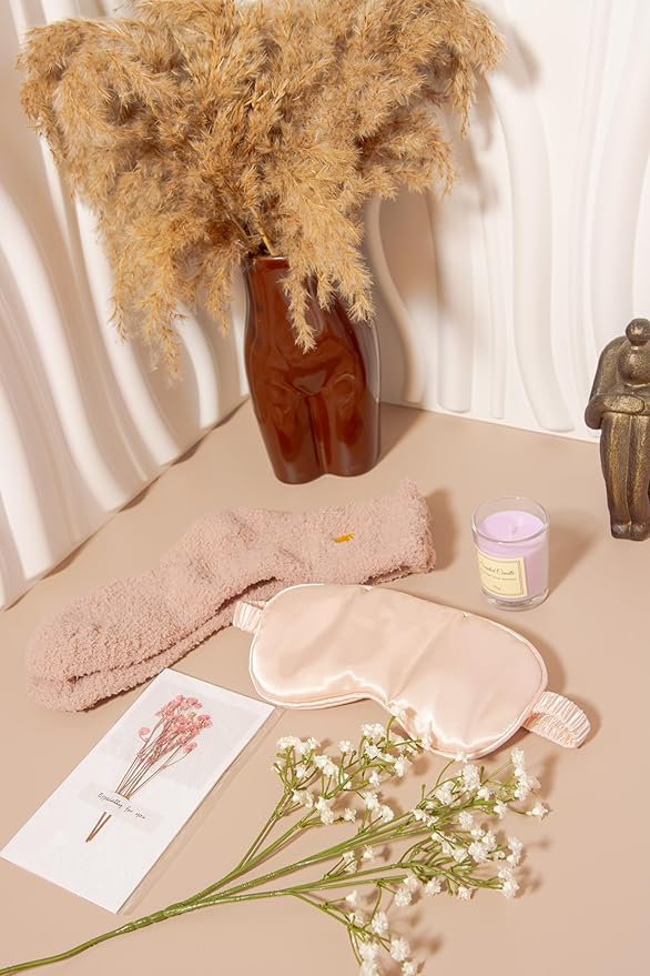 Spa Gift Set for Women – Relaxation Gift Box with Candle, Fuzzy Socks, Satin Eye Mask – Spa Kit for Birthday, Thank You, Bridesmaid, Holidays (Blush Pink)