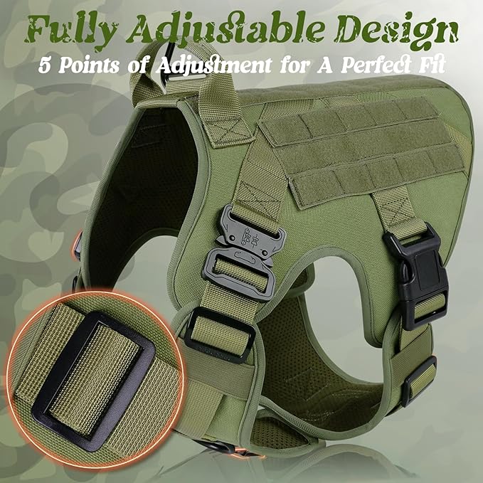 rabbitgoo Tactical Dog Harness Medium Sized, Heavy Duty Pet Harness with Handle, No-Pull Service Vest Medium Breed, Adjustable Military Dog Vest for Training Hunting Walking, Green, M