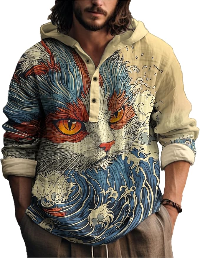 MARSVOVO Japanese Art Animal Hooded Shirt for Men Long Sleeve Quarter Button Lightweight Hoodie Cool Streetwear Tops