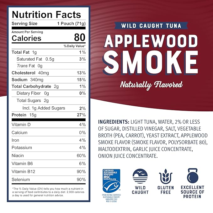 Bumble Bee Applewood Smoke Seasoned Tuna, 2.5 oz Pouch - Ready to Eat - Wild Caught Tuna Packet - 15g Protein per Serving - Gluten Free