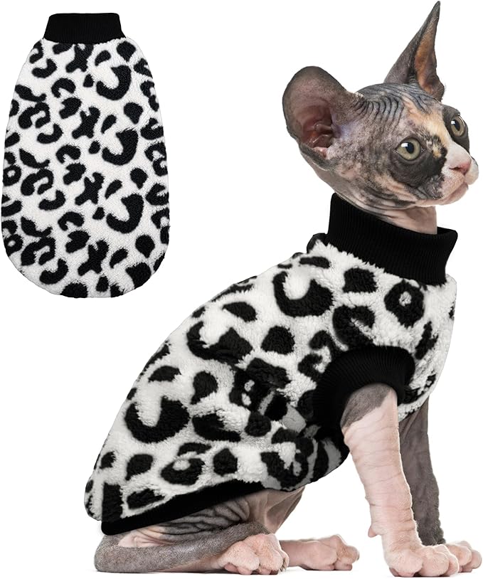 PUMYPOREITY Winter Warm Cat Sweater - Super Soft & Elastic Knit with Plush Fleece, Easy-On Design with Ribbed Neck & Cuffs, Stretchy Cat Outfit for Indoor/Outdoor Use,Black Leopard, S