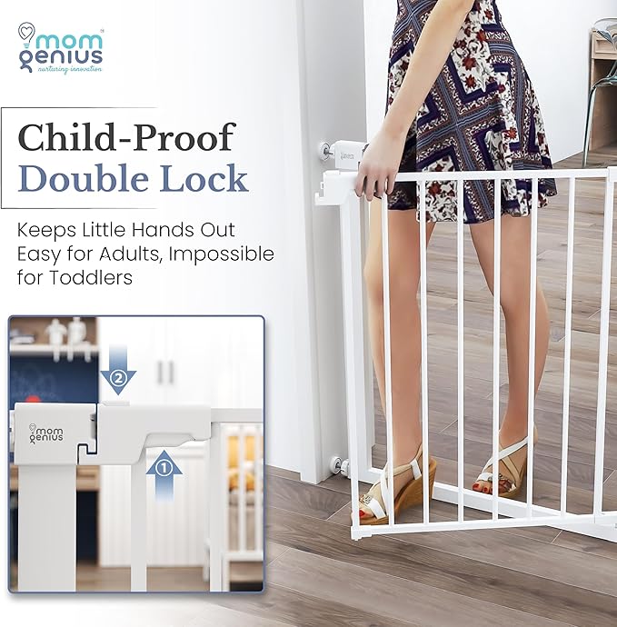 Pressure Mounted Baby Gate for Stairs, Extra Wide 29-48.8 Inch Adjustable, Auto-Close, Double Lock, 29.9" Tall Metal Dog Gates for Doorways, Kitchen & Hallways, CPC & CE Certified, White