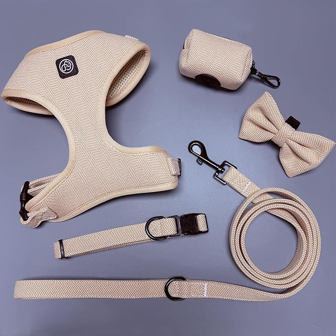 EVERKING 5-Piece Dog Travel Set, Adjustable Harness, Leash, Collar, Poop Bags, Bowtie for Small Medium Dogs, Beige, Breathable No-Pull Design (Beige, XXS)