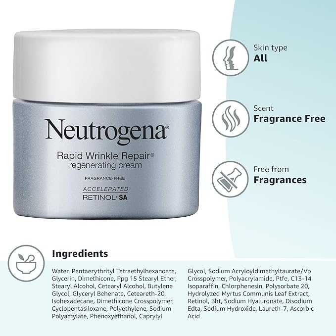 Neutrogena Rapid Wrinkle Repair, Retinol Face Moisturizer, Daily Anti-Aging Neck & Face Cream with Hyaluronic Acid, Retinol Cream, Fragrance-Free, Fades Fine Lines, Wrinkles and Dark Spots, 1.7 oz