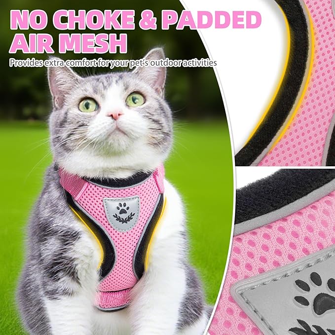 PUPTECK Cat Harness and Leash Set Escape Proof Reflective Cat Walking Harness Adjustable Soft Breathable Mesh Vest for Small Pets, Light Pink, XS