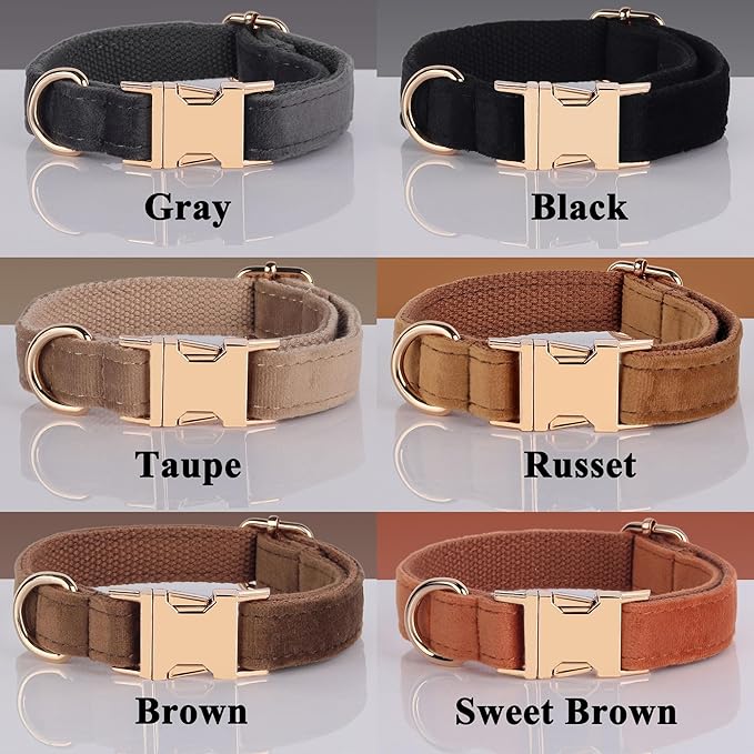 PETDURO Personalized Dog Collars Fancy Velvet with Custom Name Engraved for Large Medium Dog - Matching Leash, Bow Tie, Harness and Poop Bag Holder Available - Metal Buckle - Multi-Colors (S)