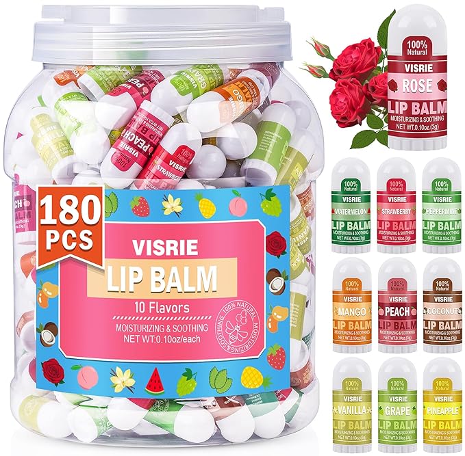 180 Pack Mini Lip Balm Bulk, Natural Lip Balm with Vitamin E & Beeswax, Moisturizing Lip Care for Dry Lips, Perfect for Party Favors, Care Packages & Small Gifts
