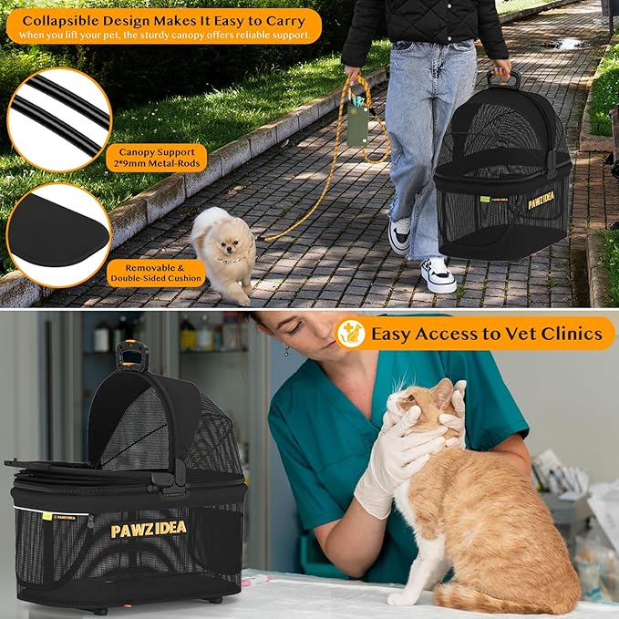 PAWZIDEA Pet Stroller 4 in 1, Cat Strollers with Detachable Carrier No-Zip Canopy, Portable Dog Crate for Car Seat Travel, Foldable & Lightweight Jogger for Small/Medium Dogs and Cats, Storage Basket