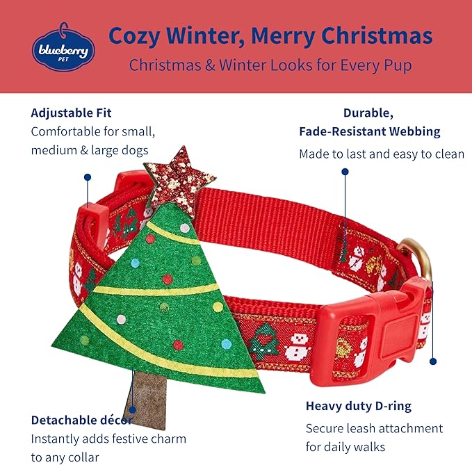 Blueberry Pet Festive Christmas Tree & Snowman Dog Collar, Small Adjustable 12"-16", Eco-Friendly Glitter Décor Holiday Collar for Small Dogs
