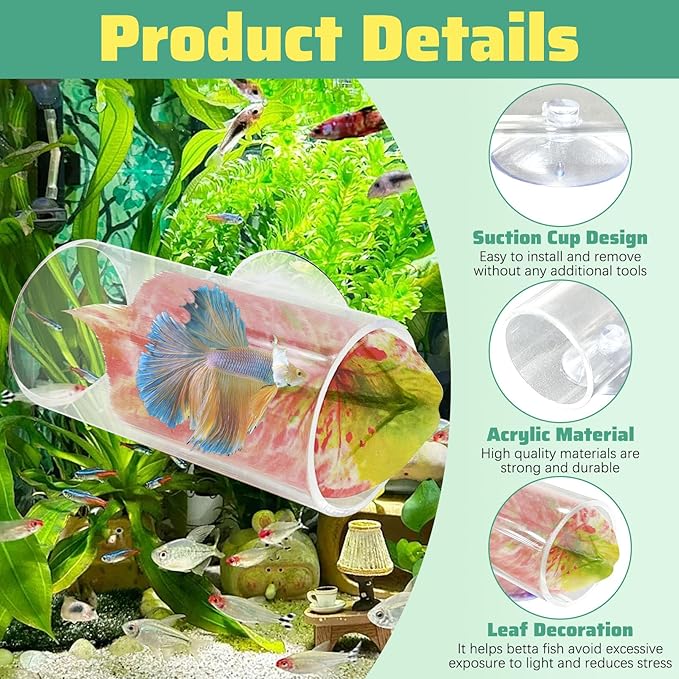 Hamiledyi 2 Pack Betta Tunnel Acrylic Betta Fsih Tube Tunnel with Suction Cups Betta Fish Toys Betta Leaf Pad Transparent Aquarium Decor for Small Fish Shrimp Guppy Resting Hiding (Pink Leaf)