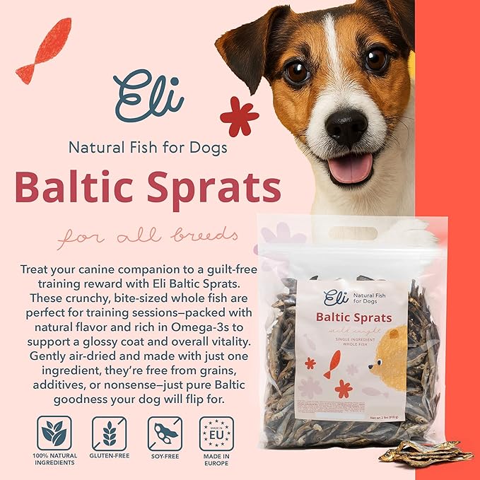 Eli Baltic Sprats – Natural Dog Treats, Whole Small Fish, High in Protein and Omega-3, Grain Free, Single Ingredient, No Additives, Gluten Free, Air Dried, Training Snack or Meal Topper – 2 lbs