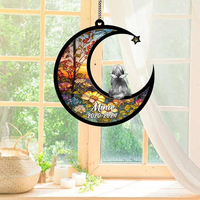 Personalized Lhasa Apso (Black White) Sun Catcher, Dog Memorial Gifts, Custom Lhasa Apso (Black White) with Wings Ornament Christmas Tree, Loss of Dog Sympathy Gift Memorial Suncatchers