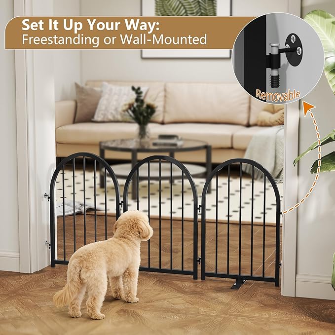 Full Metal Dog Gate for Indoor Outdoor, 24" Tall Free Standing Pet Dog Fence, 36" Wide Arched Pet Gates for Stairs, Hallways, Doorways, Kitchen, Decks, Yards (Black, 2 Panels)