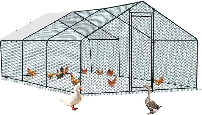 VINGLI Chicken Coop, 19.7x9.8x6.5 ft Large Metal Poultry Cage for Chicken Run, Walk-in Chicken Pen with Waterproof & Anti-UV Cover for Yard Outdoor (Black-Spire Roof)