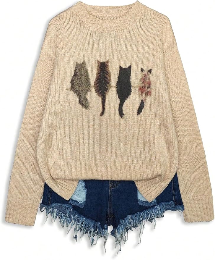 WDIRARA Women's Cat Graphic Sweater Long Sleeve Crew Neck Knit Tops Casual Knitwear