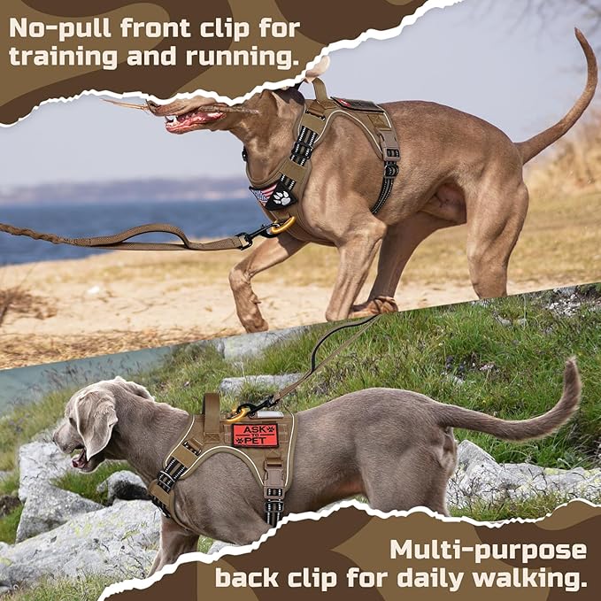 rabbitgoo Tactical Dog Harness for Large Dogs, No Pull Military Service Vest with Handle & Molle, Easy Control for Training Walking, Adjustable Reflective Straps, Brown, L