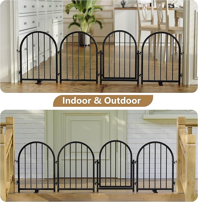 Full Metal Dog Gate with Door for Indoor Outdoor, 24" Tall Free Standing Pet Dog Fence, 72" Extra Wide Pet Gates for Stairs, Hallways, Doorways, Kitchen, Decks, Yards (Black, 4 Panels)