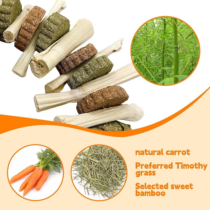 3Pcs Bunny Chew Toys for Teeth Bunny Hanging Grinding Cake Natural Sweet Bamboo Sticks Timothy Alfalfa Hay & Carrot Cake for Rabbit Guinea Pig Chinchilla Gerbil Improve Dental Health