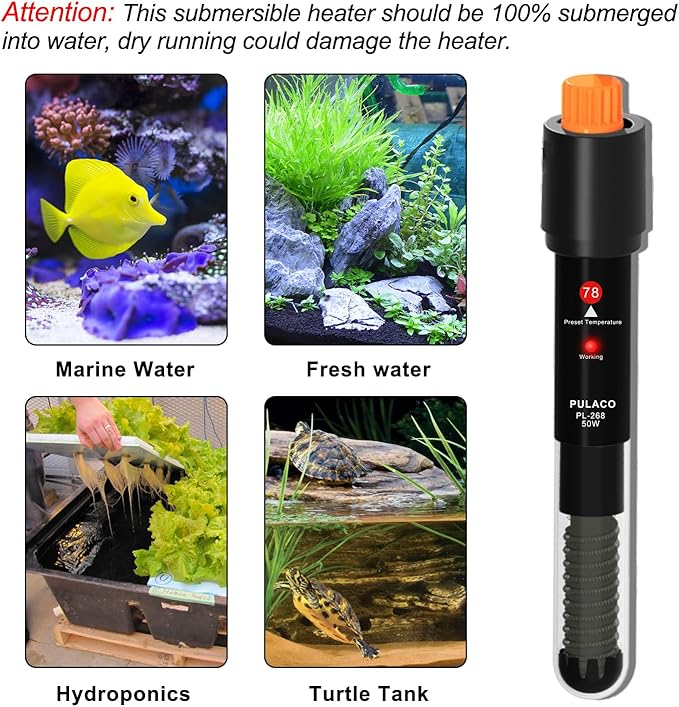 PULACO 50Watt Aquarium Heater for 5-10 Gallon Fish Tank, Adjustable Submersible Heater Thermostat with Thermometer Strip and Suction Cup
