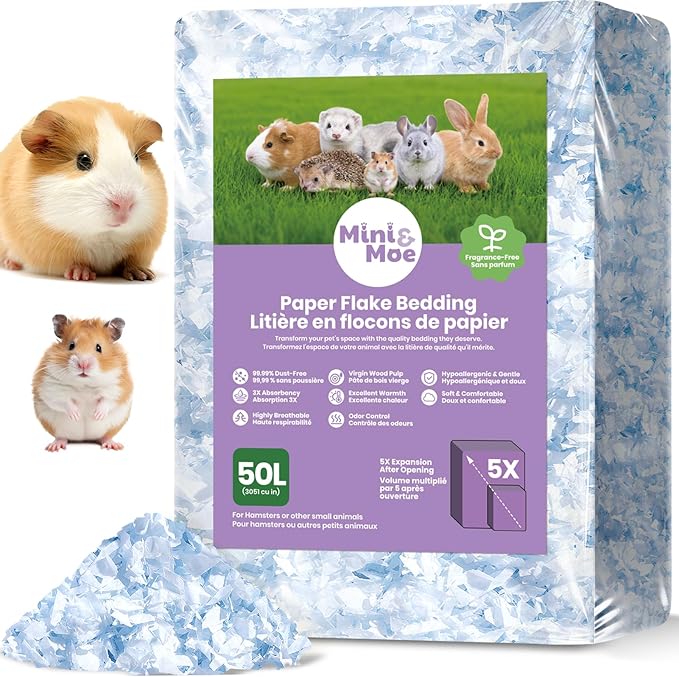 mini&moe Hamster Bedding 50L: Dust-Free and Odor Control Moisture Absorbent Unscented Natural Paper Small Pet Bedding - for Guinea Pigs, Hamsters, Chinchilla,Rabbits,Rat,Ferret, and Gerbil, 50 Liters