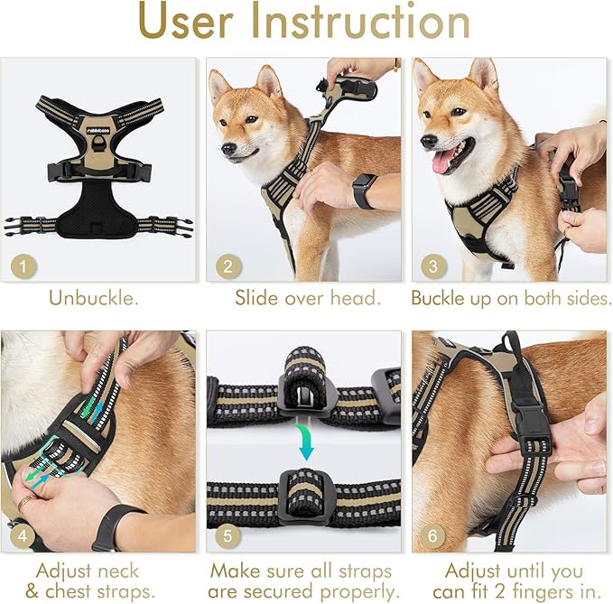 rabbitgoo Dog Harness No Pull with 2 Leash Clips, Adjustable Soft Padded, Reflective Oxford No Choke Pet Vest with Easy Control Handle for Large Dogs, Beige, L
