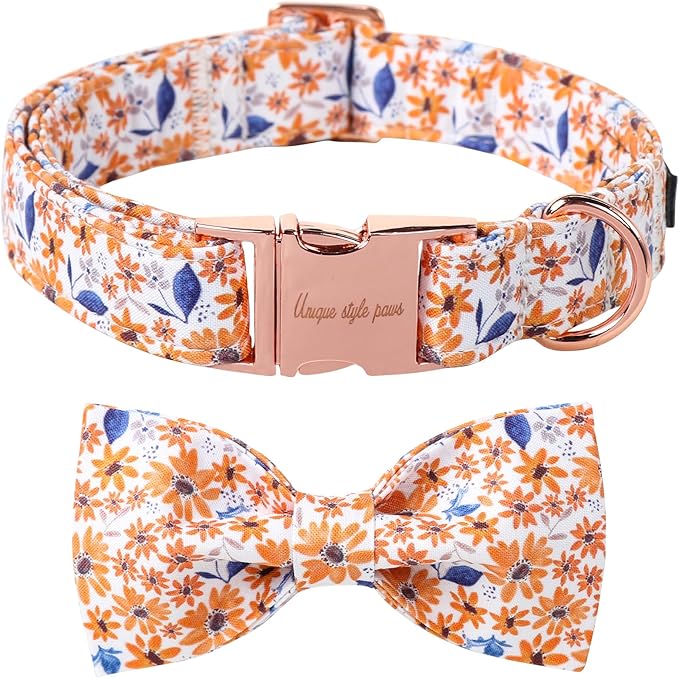 Unique Style Paws Autumn Leaf Collar with Bow Blue Leaf Flower Cotton Dog Collars for Small Medium Large Dogs