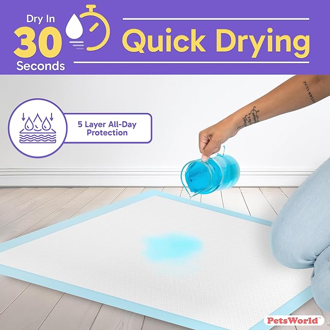 PetsWorld Extra Large Potty Pads for Dogs, Odor Eliminating 30" x 36", 50 Count Pee Pads for Pets, Gigantic XL Dog Pads, 5 Layer Ultra Absorbent Technology, Leak Proof Training Pads for Dogs & Cats