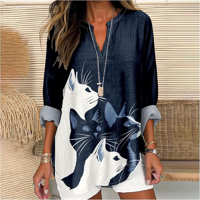 MARSVOVO Cat Shirts for Women Long Sleeve Cute Cat Pullover Graphic Novelty V Neck Blouse Oversized Funny Tunic Tops