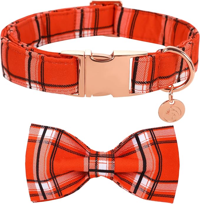 DOGWONG Fall Plaid Dog Collar with Removable Cute Bow Tie Adjustable Pet Collars, Soft Comfy Orange Plaid Pet Collar - Fall Dog Collar for Small Medium Large Dogs