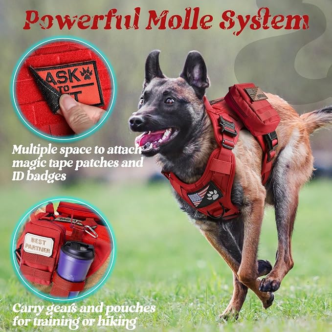 rabbitgoo Tactical Dog Harness for Large Dogs, Heavy Duty Dog Harness with Handle, No-Pull Service Dog Vest Large Breed, Adjustable Military Dog Vest Harness for Training Hunting Walking, Red, XL