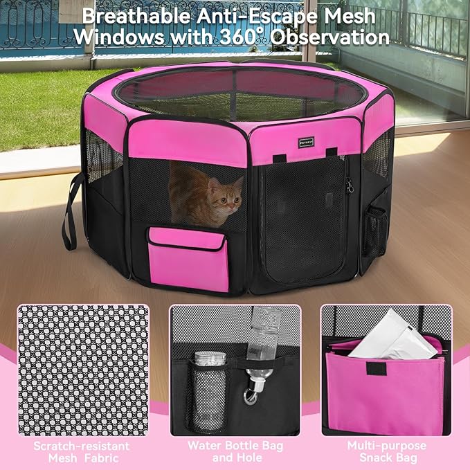 PETSFIT 45.5" Dog Playpen Indoor/Outdoor-Jump-Proof 28.5" Height with Removable Waterproof Mat & Zippered Roof | RV, Camping, Travel Dog Pen | Whelping & Cat Observation Space(45.5"L x 45.5"W x 28.5H)
