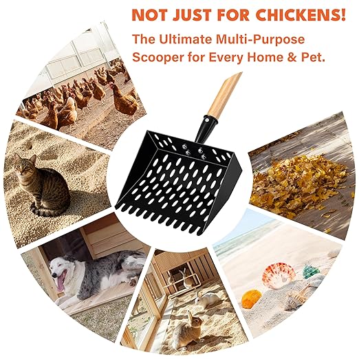 Chicken Poop Scooper for Sand, Extra Large Chicken Coop Scoop with 47" Handle & Assist Tool, 1.6mm Thick Heavy Duty Chicken Scooper for Poop, 2-in-1 Sifting Rake for Effortless Cleaning
