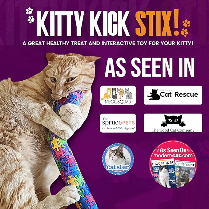 Kitty Kick Stix 15" Catnip Kicker Toy – Set of 2 | Handmade in USA | Interactive Cat & Kitten Toy | Durable Kicker Packed with 100% Potent Catnip for All Breeds (Paws Paws Paws)
