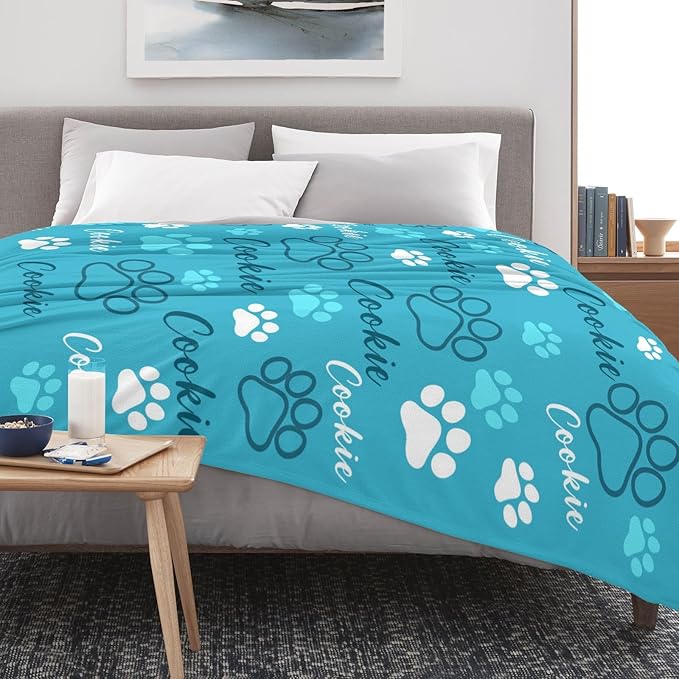 D-Story Custom Pet Blanket with Dog Name Custom Dog Blanket Personalized Dogs Blanket Paw Prints Blankets Pet Memorial Gifts for Loss of Dogs