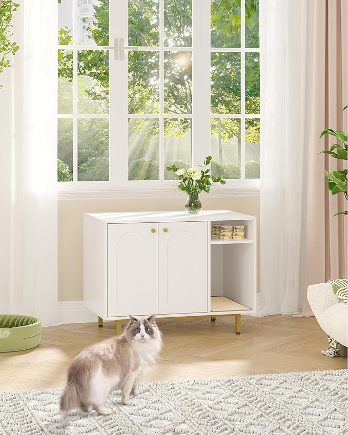 Cat Litter Box Enclosure Enclosed, Hidden Litter Box Cabinet Furniture with Storage, Wooden Indoor Cat House Large, Modern End Table for Living Room Entryway, White and Gold 01503GCLB
