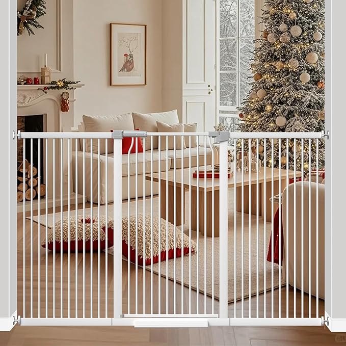 41 Inch Extra Tall Metal Pet Baby Safe Gate for Doorway, 72.3-76.7 Inch Wide Pressure Mounted Cat Gate with Expansion Kit, No Drilling Cat Fence Indoor, White