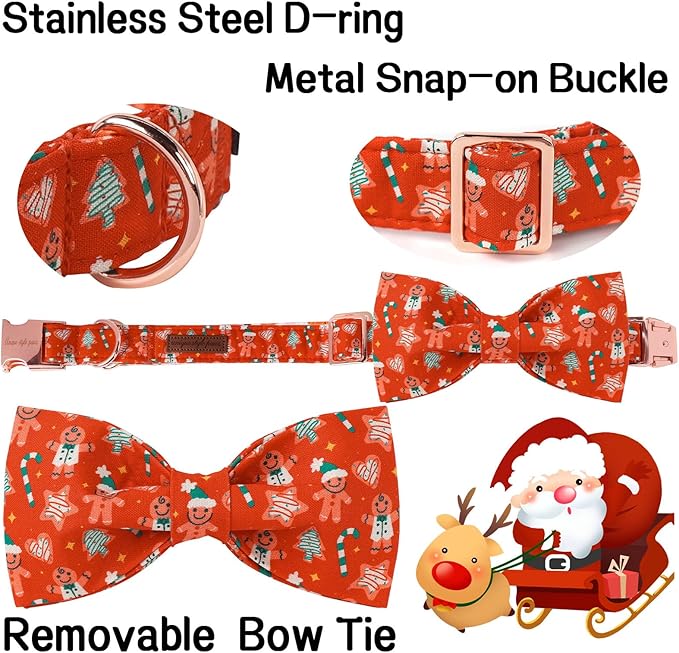 Unique Style Paws Christmas Day Dog Collar with Bow Red Gingerbred Cotton Puppy Collars for Small Medium Large Dogs