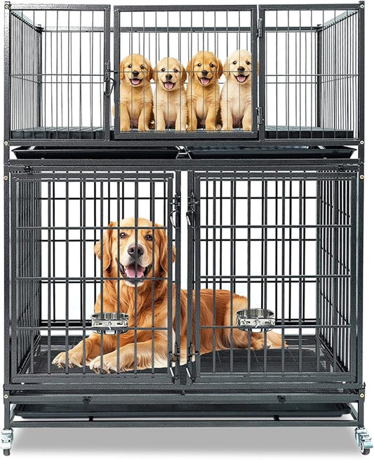 Homey Pet 42 Inch Dog Crate Cage Kennel, Stackable Dog Crates for Medium Small Dogs, Whelping Box for Puppies, Two Tiers Crates for Dogs Indoor with Removable Tray, 360° Lockable Wheels