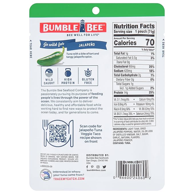 Bumble Bee Jalapeno Seasoned Tuna Pouch - Wild Caught and Ready to Eat for Snack, Salad, Korean Tuna Bowl - 14g Protein per Serving - PERFECT, PORTABLE, GOODNESS - 2.5 oz Packet (Pack of 12)