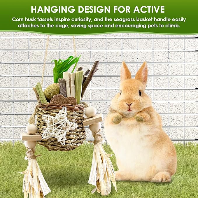 26Pcs Rabbit Toys for Bunny Boredom Basket for Small Pets, with 14Pcs Replacement Set Hanging Rodent Dental Toy with Papaya Stems Sweet Bamboo Hamsters, Chinchillas, Guinea Pigs (No Corn Cob)
