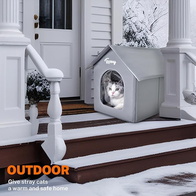 Toozey Insulated Outdoor Cat House with 4 Bonus Insulation Sheets - Weather-Resistant, Easy Assembly, Durable Feral Cat Shelter with Removable Soft Mat for Winter Protection, Grey